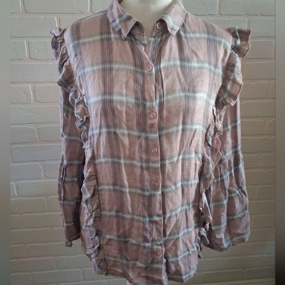 Pink Plaid Ruffle Button-Down Shirt With Pleating Detail On The Arms